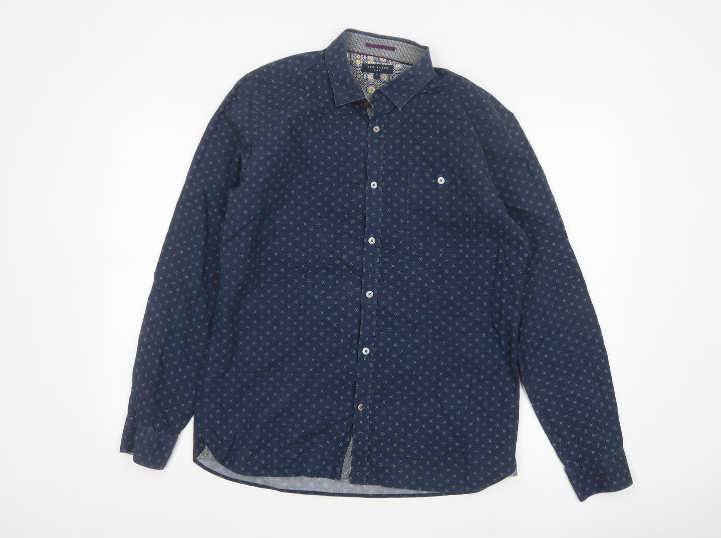 Ted Baker Men's Blue Geometric Long Sleeve Slim Fit Cotton Shirt L