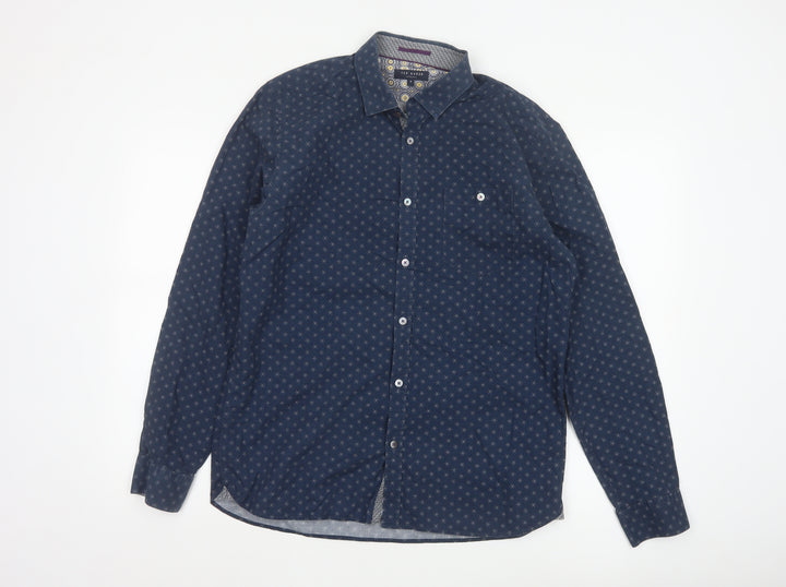 Ted Baker Men's Blue Geometric Long Sleeve Slim Fit Cotton Shirt L