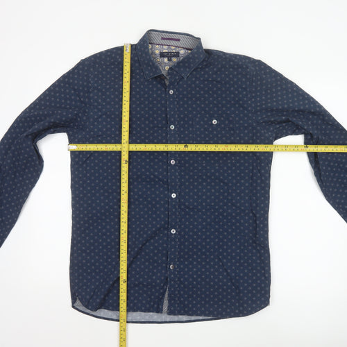 Ted Baker Men's Blue Geometric Long Sleeve Slim Fit Cotton Shirt L