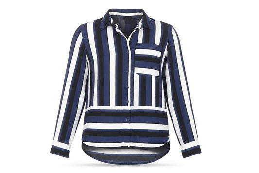 Front view of Next Women’s Petite Blue Striped Button-Up Shirt, size UK 6