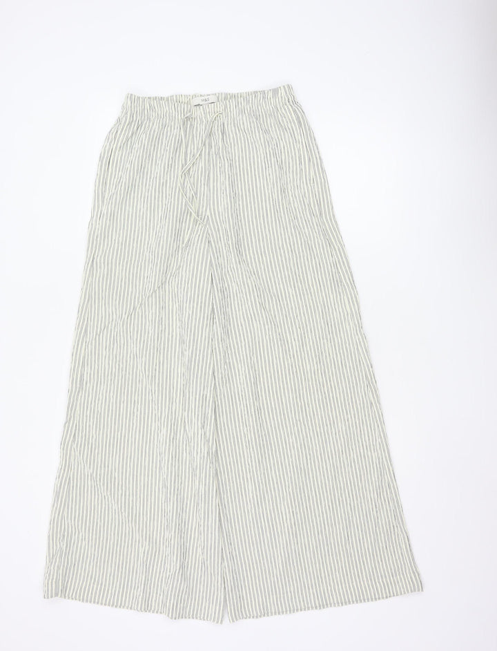 Marks and Spencer Women’s White Striped Wide-Leg Trousers Size 8 Short