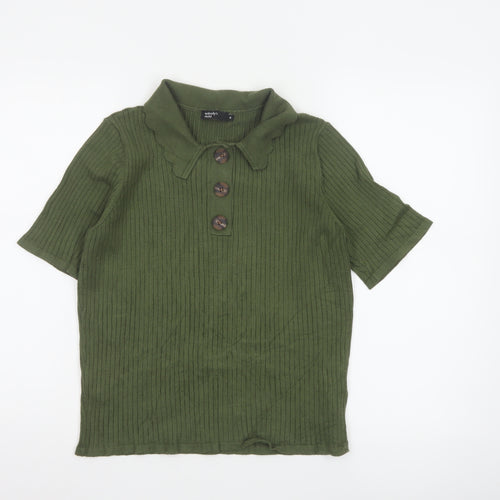 Nobody’s Child Women Green Ribbed Polo Top UK 16 Short Sleeve