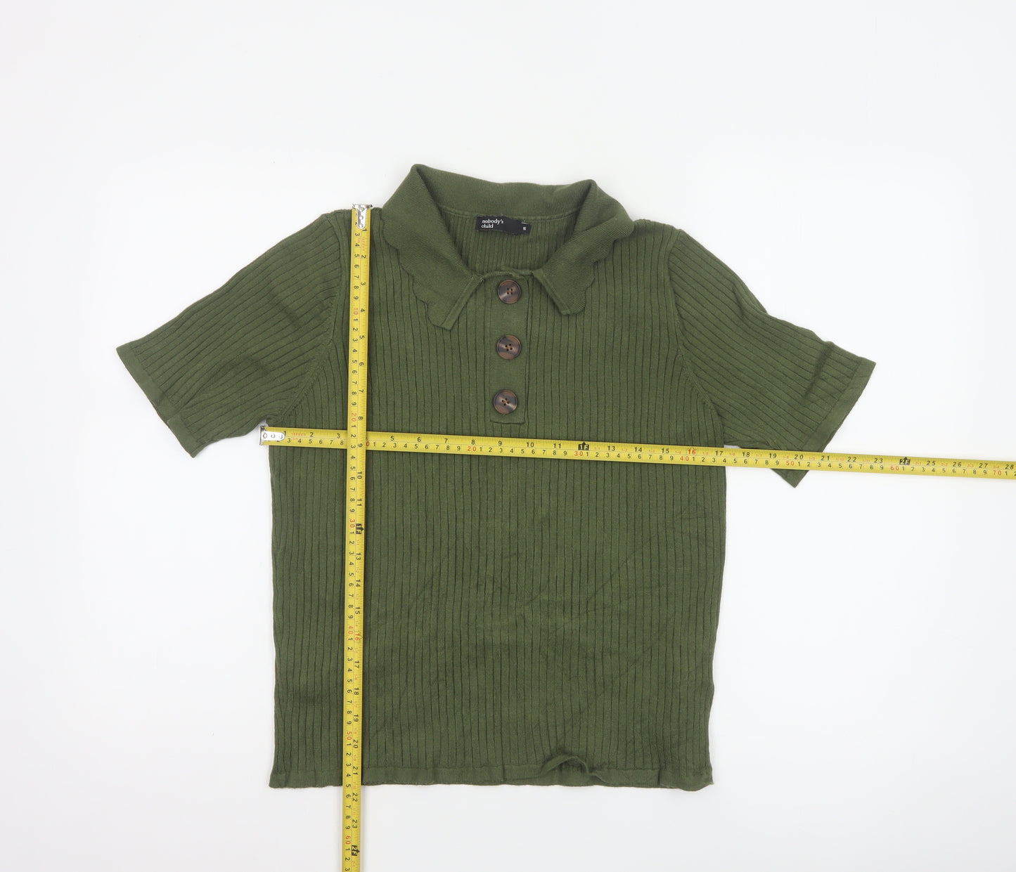 Nobody’s Child Women Green Ribbed Polo Top UK 16 Short Sleeve