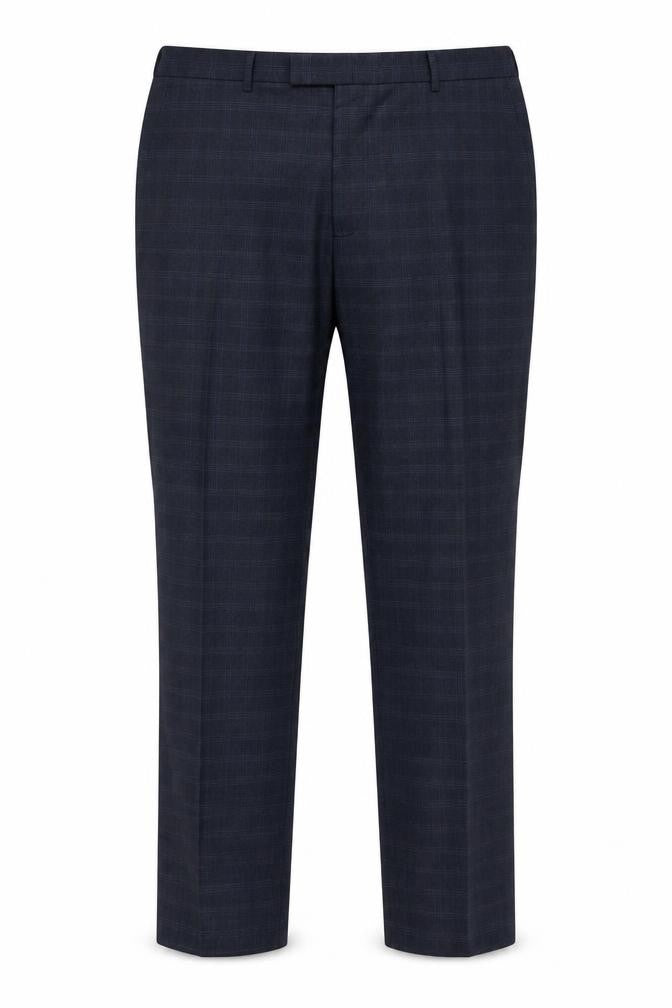 Front view of Fellini Men's Blue Check Formal Dress Trousers 40R