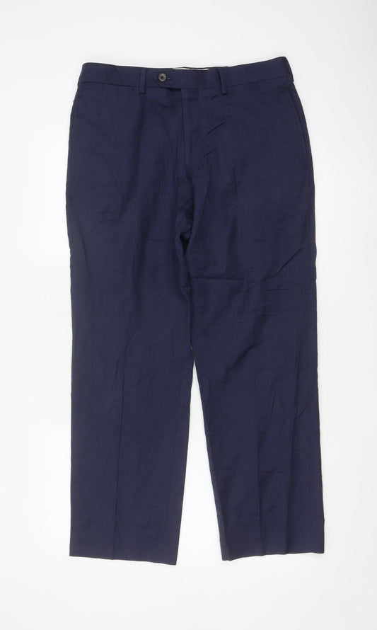 Marks and Spencer Men’s Blue Wool Regular Fit Trousers 32W 29L