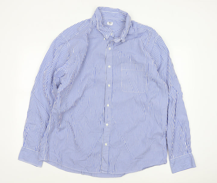 Uniqlo Men Blue Striped Long Sleeve Button-Up Shirt Size 2XL