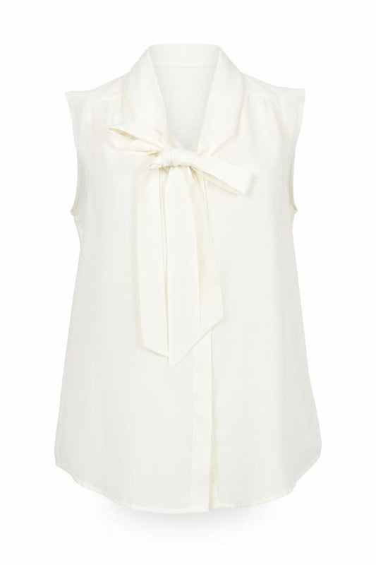 Front view of French Connection women’s ivory sleeveless bow neck chiffon blouse, size UK 12
