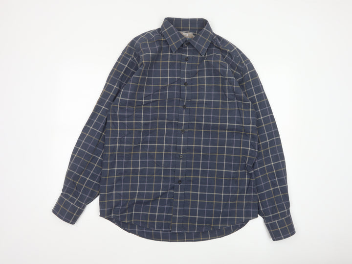 Marks and Spencer Men Blue Check Cotton Twill Long Sleeve Shirt Size 15.5