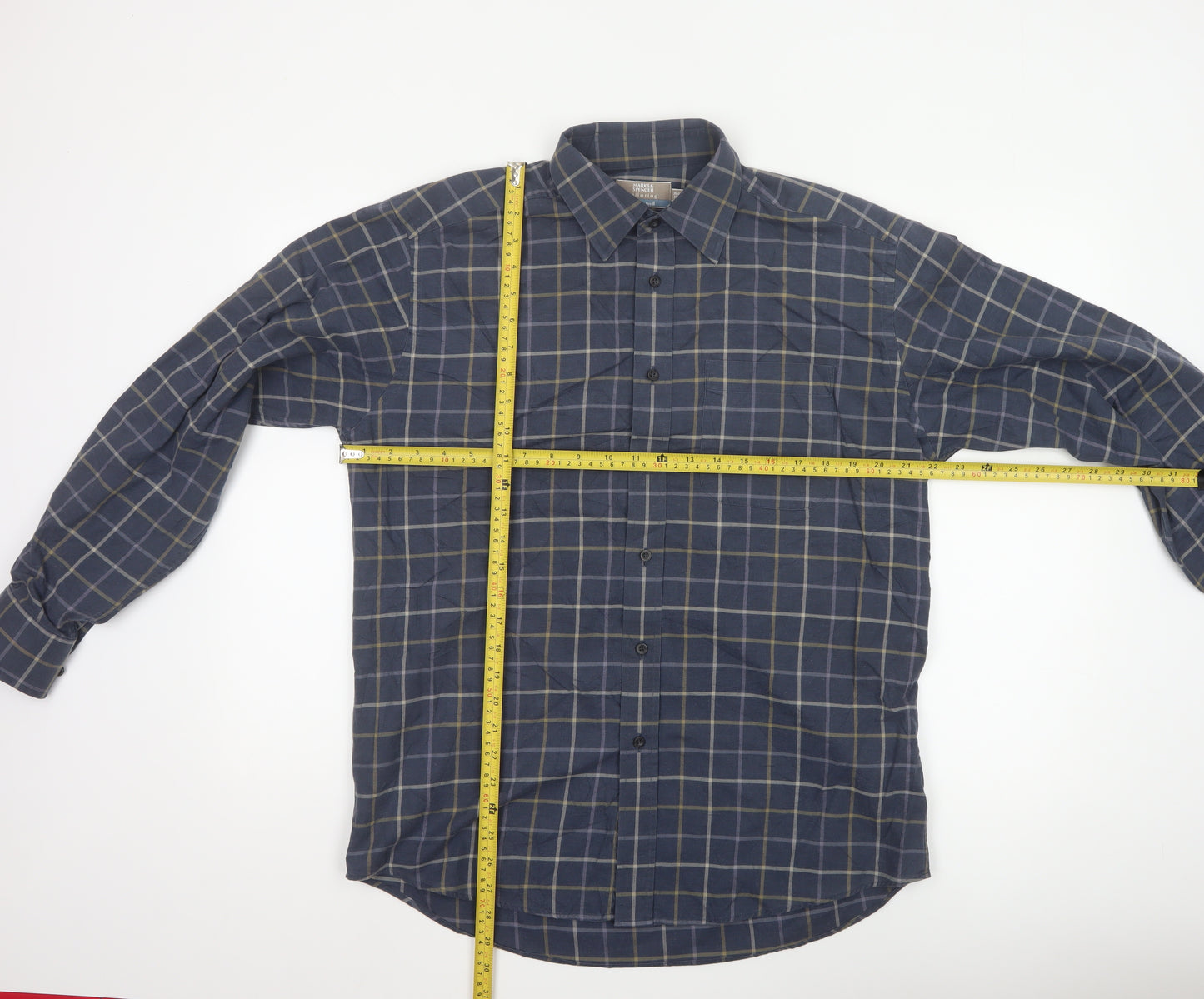 Marks and Spencer Men Blue Check Cotton Twill Long Sleeve Shirt Size 15.5
