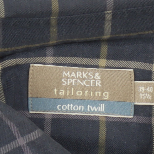 Marks and Spencer Men Blue Check Cotton Twill Long Sleeve Shirt Size 15.5