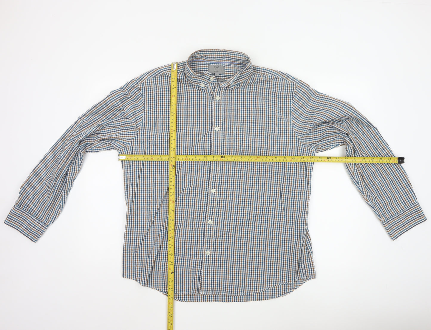 Marks and Spencer Men’s Blue Checked Cotton Button-Up Shirt L Regular Fit