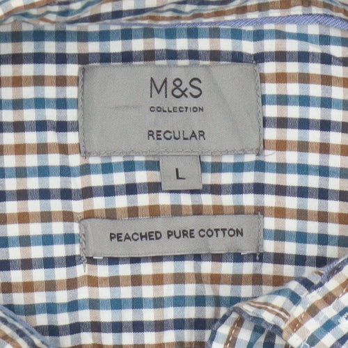 Marks and Spencer Men’s Blue Checked Cotton Button-Up Shirt L Regular Fit