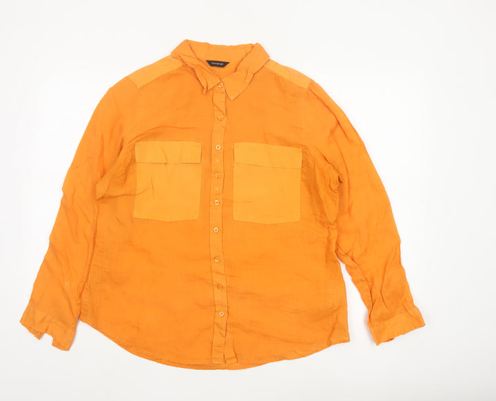 Marks and Spencer Women Orange Linen Blend Long Sleeve Button-Up Shirt Size 16