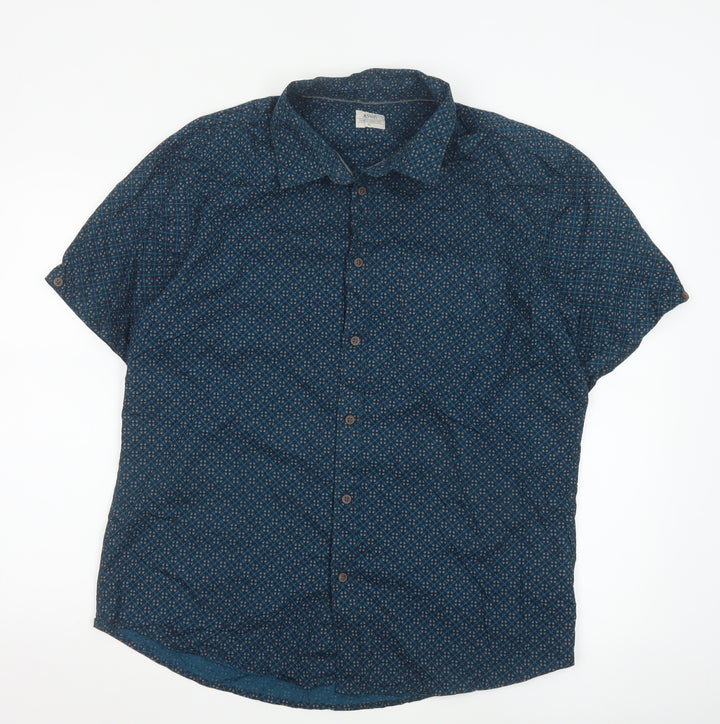 AW85 Men’s Blue Geometric Short Sleeve Cotton Button-Up Shirt XL