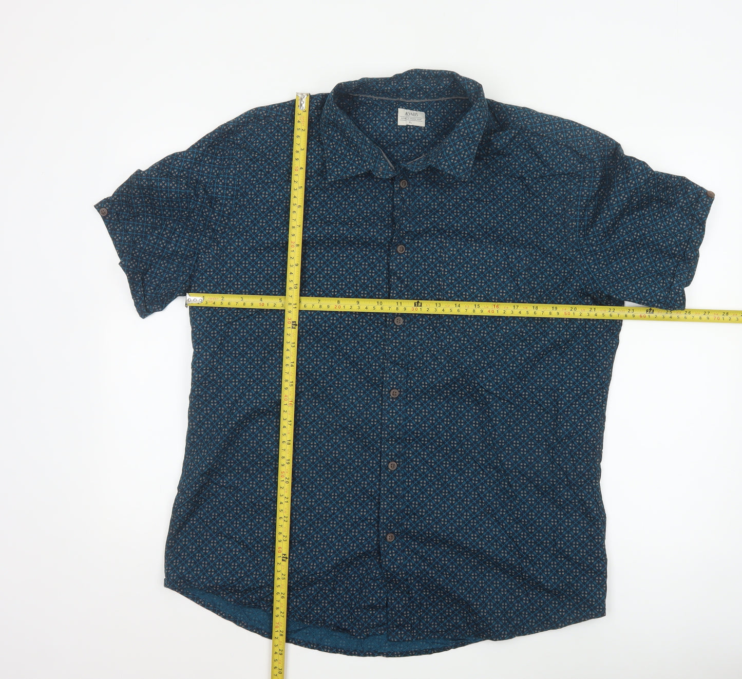 AW85 Men’s Blue Geometric Short Sleeve Cotton Button-Up Shirt XL