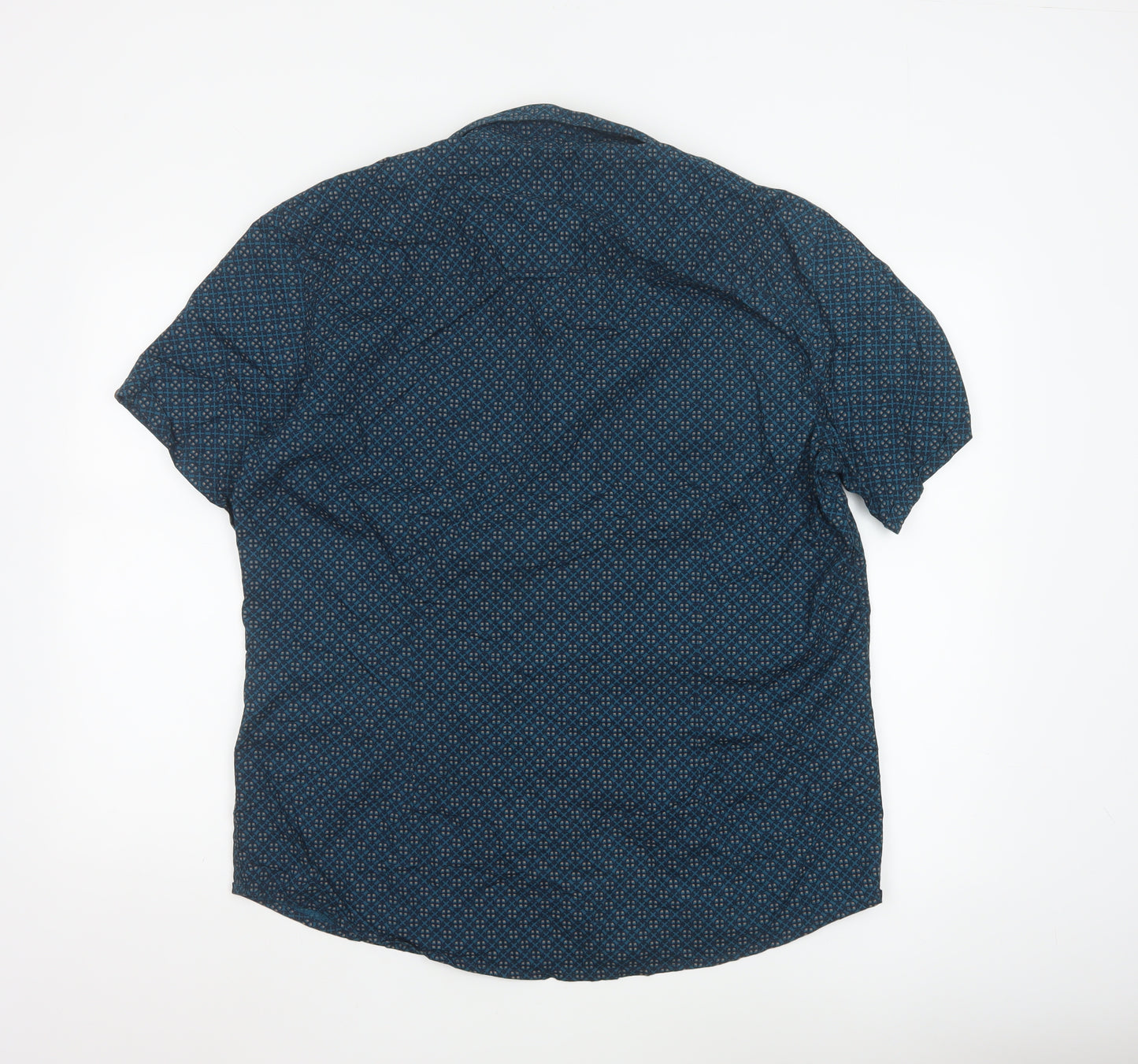AW85 Men’s Blue Geometric Short Sleeve Cotton Button-Up Shirt XL