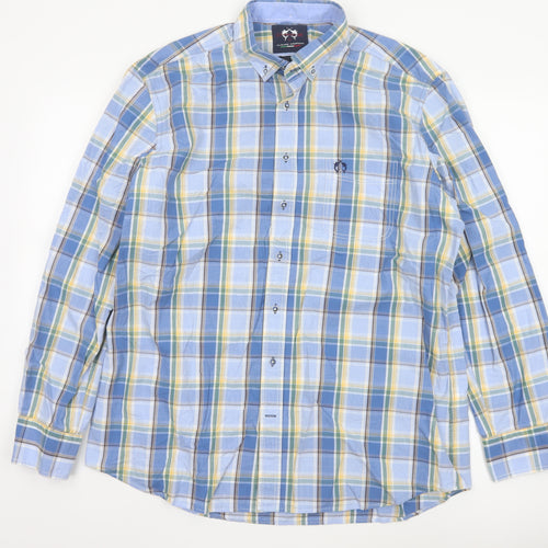 Claudio Campione Men's Blue Check Button-Down Long Sleeve Cotton Shirt XL