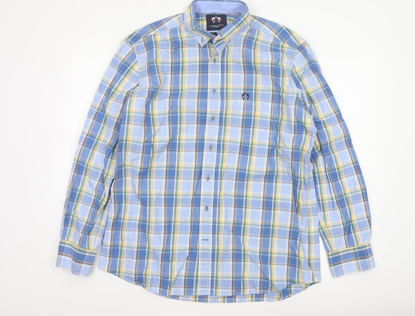 Claudio Campione Men's Blue Check Button-Down Long Sleeve Cotton Shirt XL