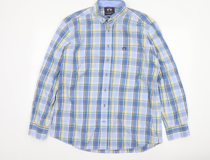 Claudio Campione Men's Blue Check Button-Down Long Sleeve Cotton Shirt XL
