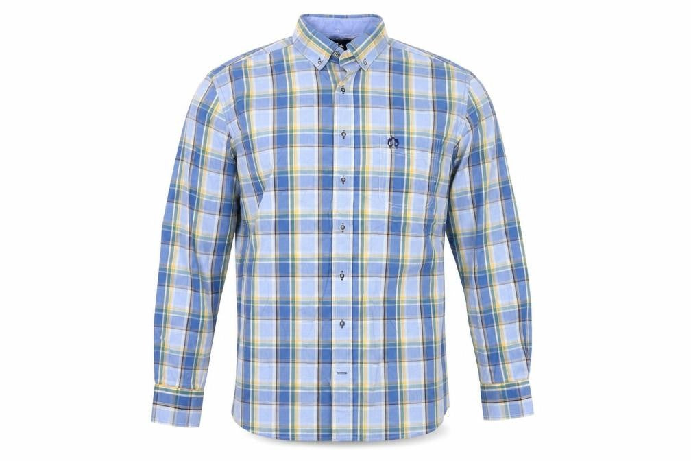 Front view of Claudio Campione Men's Blue Check Button-Down Long Sleeve Cotton Shirt XL