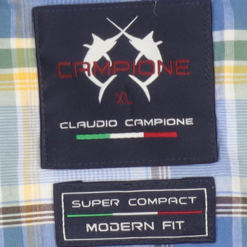 Claudio Campione Men's Blue Check Button-Down Long Sleeve Cotton Shirt XL