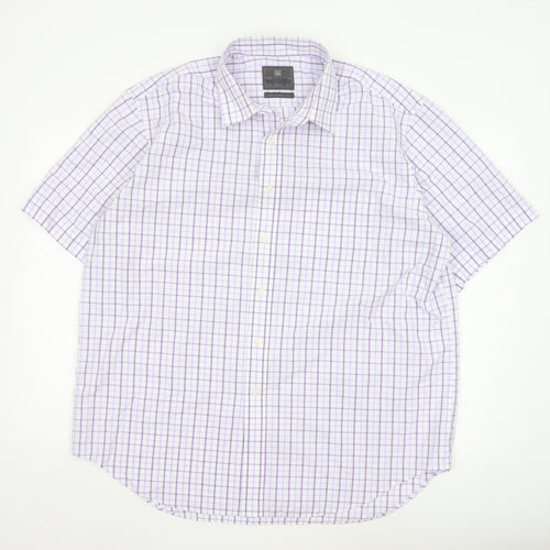 Marks and Spencer Men's Purple Check Regular Fit Short Sleeve Shirt 17.5in