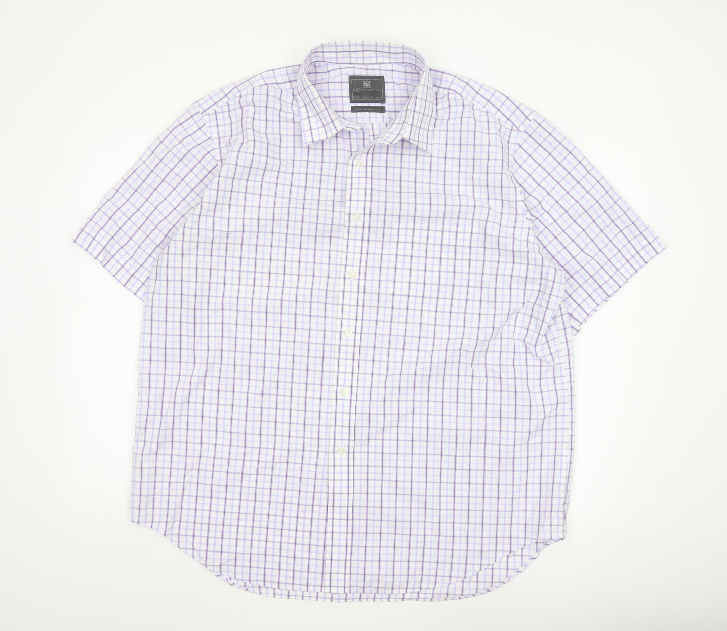 Marks and Spencer Men's Purple Check Regular Fit Short Sleeve Shirt 17.5in