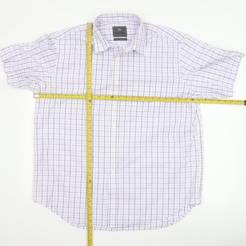 Marks and Spencer Men's Purple Check Regular Fit Short Sleeve Shirt 17.5in