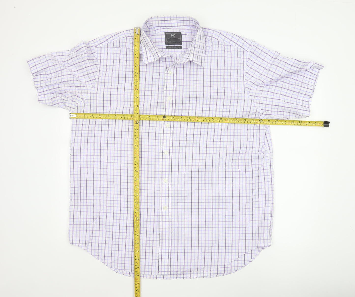 Marks and Spencer Men's Purple Check Regular Fit Short Sleeve Shirt 17.5in