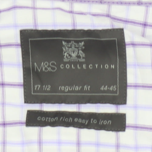 Marks and Spencer Men's Purple Check Regular Fit Short Sleeve Shirt 17.5in