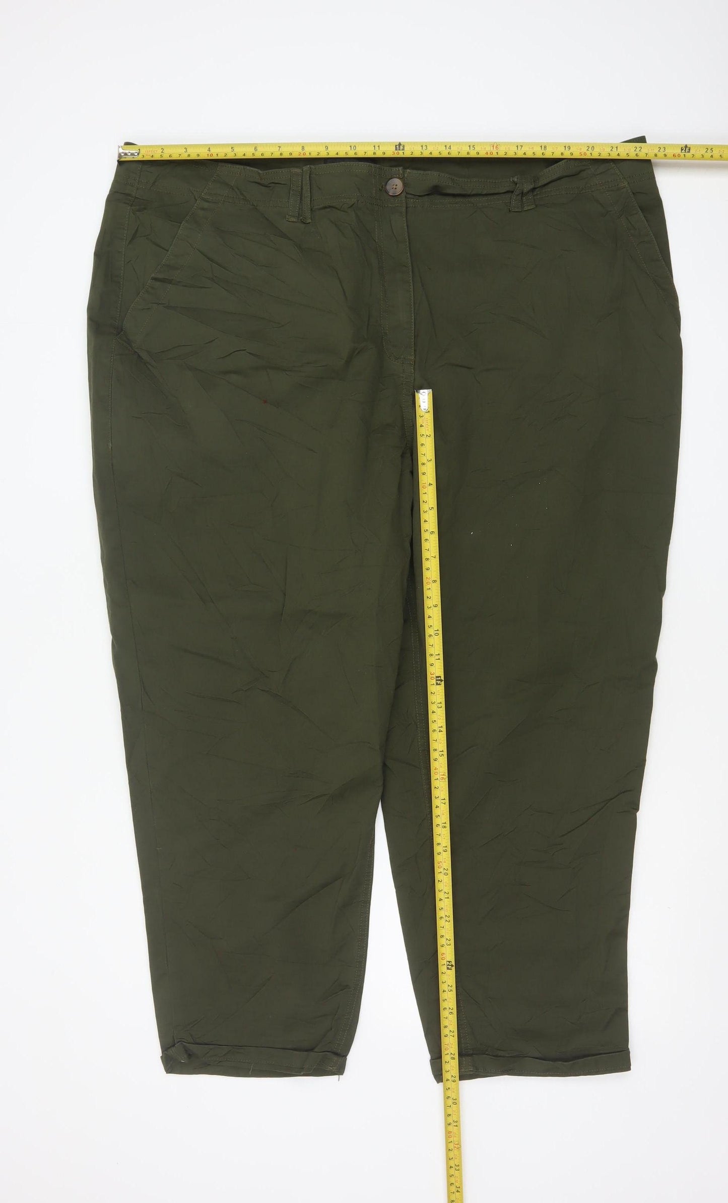 Next Women Olive Green Cotton Stretch Chino Trousers Size 24R