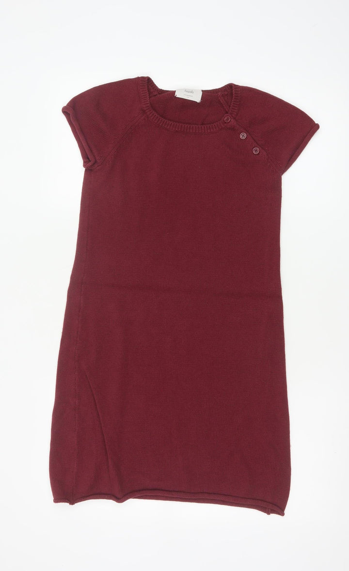 Hush Women Red Wool Knit Shift Dress S Short Sleeve Button Detail