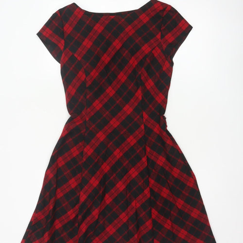 Red Herring Women Red Checked A-Line Dress Size 10 Short Sleeve