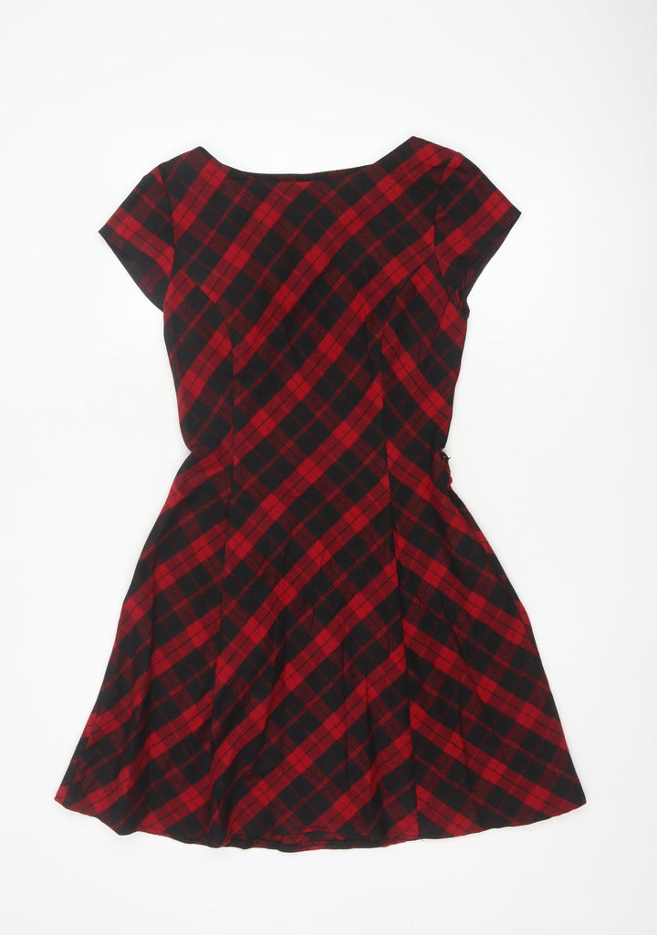Red Herring Women Red Checked A-Line Dress Size 10 Short Sleeve