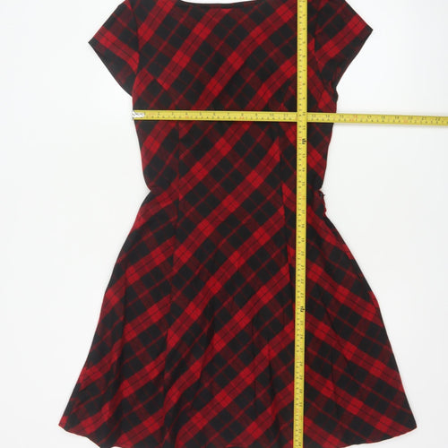 Red Herring Women Red Checked A-Line Dress Size 10 Short Sleeve