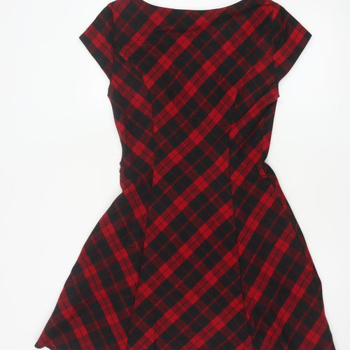 Red Herring Women Red Checked A-Line Dress Size 10 Short Sleeve