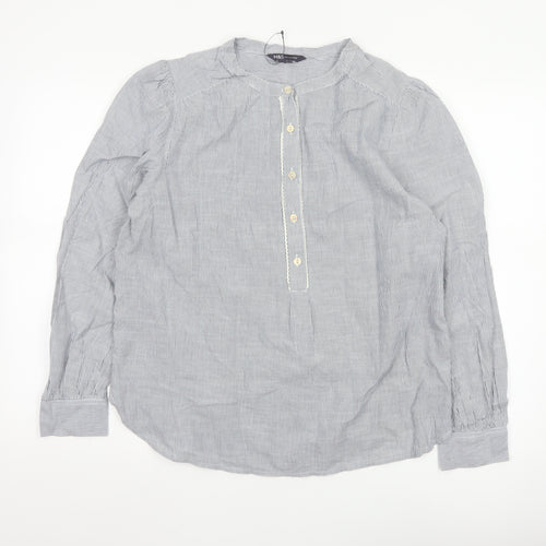 Marks and Spencer Women Blue Striped Cotton Long Sleeve Tunic Blouse Size 14