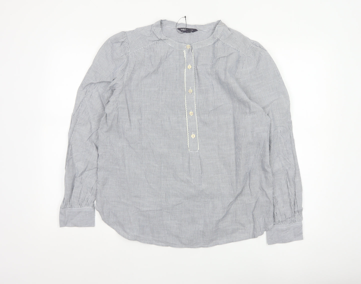 Marks and Spencer Women Blue Striped Cotton Long Sleeve Tunic Blouse Size 14