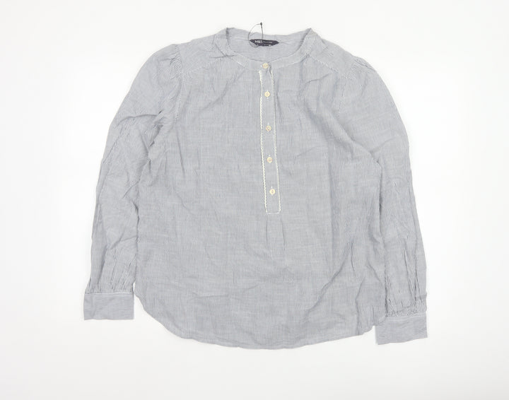 Marks and Spencer Women Blue Striped Cotton Long Sleeve Tunic Blouse Size 14