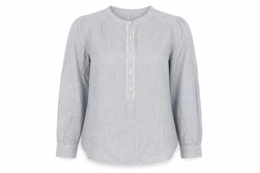 Front view of Marks & Spencer Women Blue Striped Cotton Long Sleeve Tunic Blouse, size 14