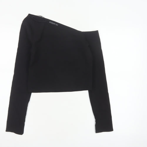 Stradivarius Women's Black One Shoulder Cropped Long Sleeve Top Size S