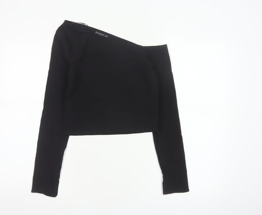 Stradivarius Women's Black One Shoulder Cropped Long Sleeve Top Size S