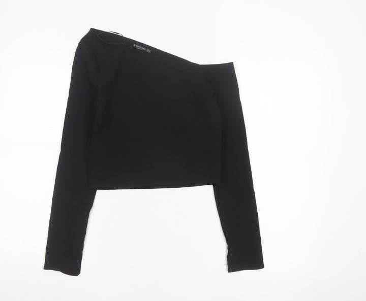 Stradivarius Women's Black One Shoulder Cropped Long Sleeve Top Size S