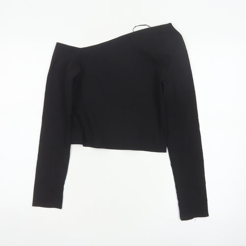 Stradivarius Women's Black One Shoulder Cropped Long Sleeve Top Size S
