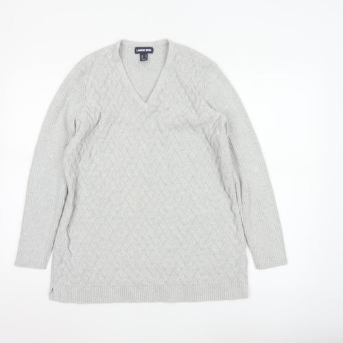 Lands' End Women's Grey Cotton Cable-Knit V-Neck Jumper Size M