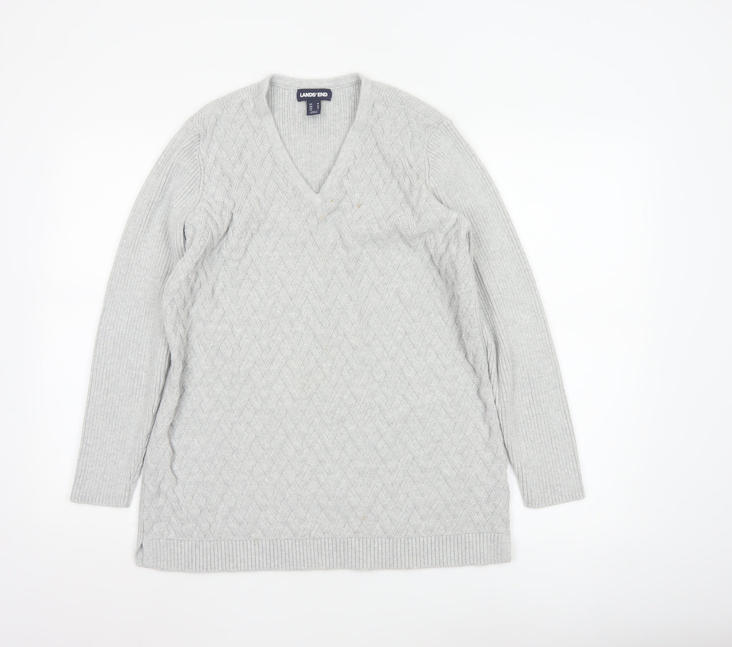 Lands' End Women's Grey Cotton Cable-Knit V-Neck Jumper Size M