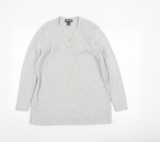 Lands' End Women's Grey Cotton Cable-Knit V-Neck Jumper Size M