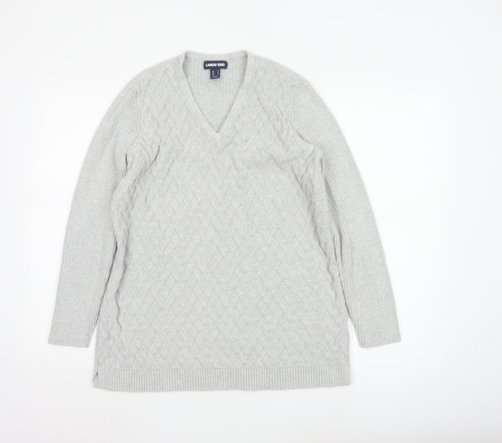 Lands' End Women's Grey Cotton Cable-Knit V-Neck Jumper Size M