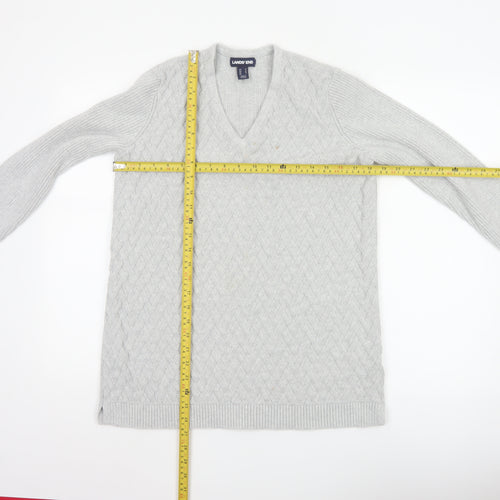 Lands' End Women's Grey Cotton Cable-Knit V-Neck Jumper Size M