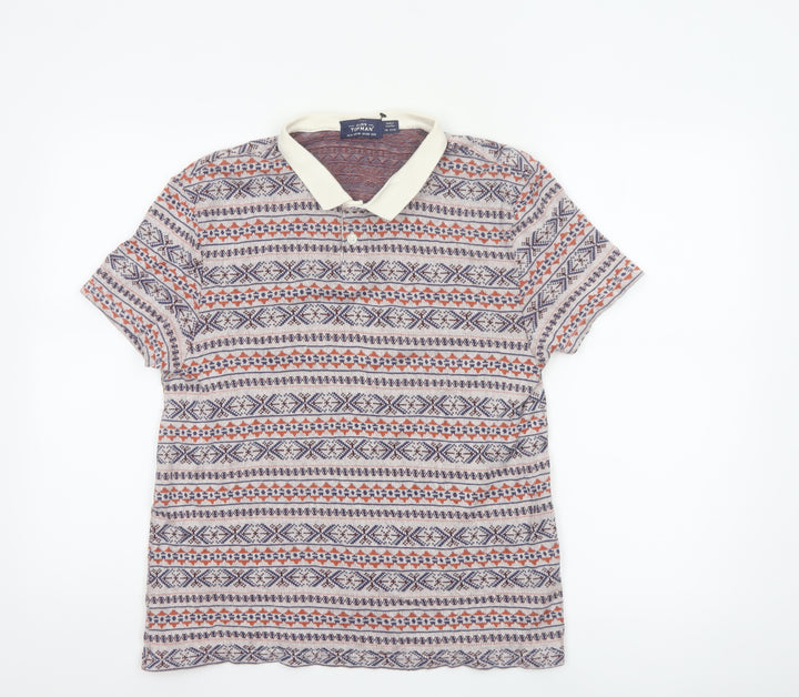 Topman Men's Multicoloured Geometric Cotton Polo Shirt Size M